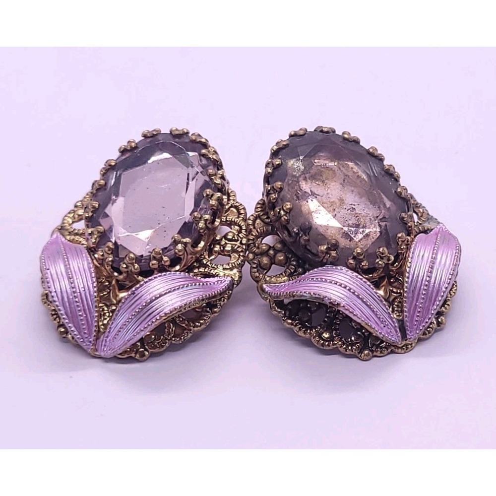 Vintage W Germany Lavender Glass Filigree Enamel Clip-On Earrings